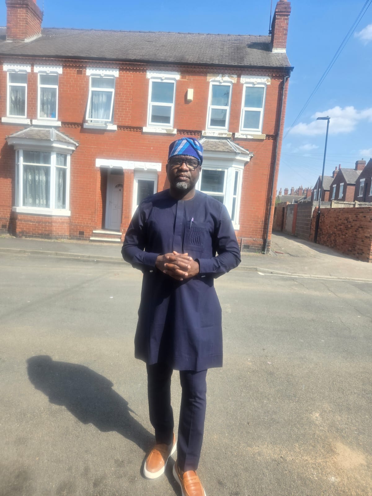 Ipadeola Sunday Abidemi in native attire in Doncaster, UK